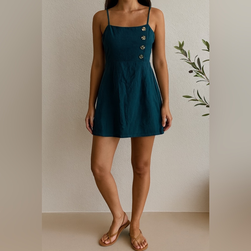 The Impeccable Pig Linen Blend Classic A-line Dark Green Mini Dress Size Large